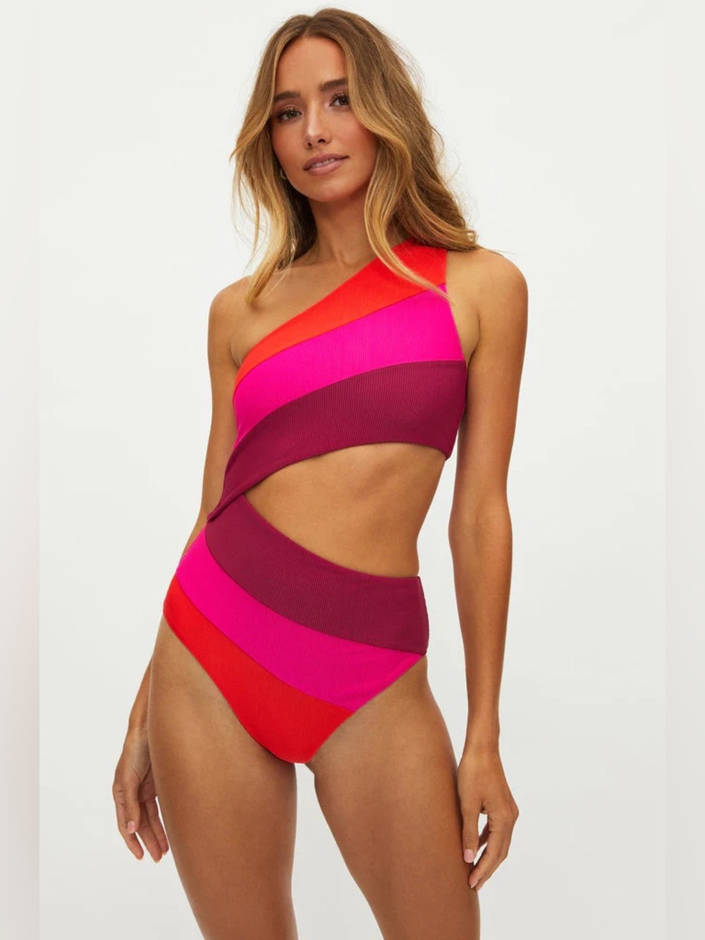 Beach Riot Joyce OnePiece Ribbed Swimsuit Asymmetrical Be Mine Color block Large